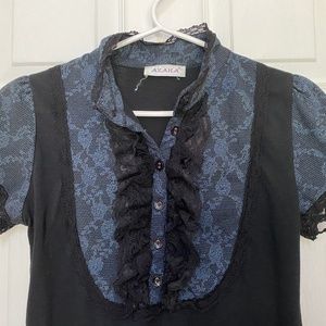 Tuxedo Lace Ruffle Button Front Short Sleeved Top